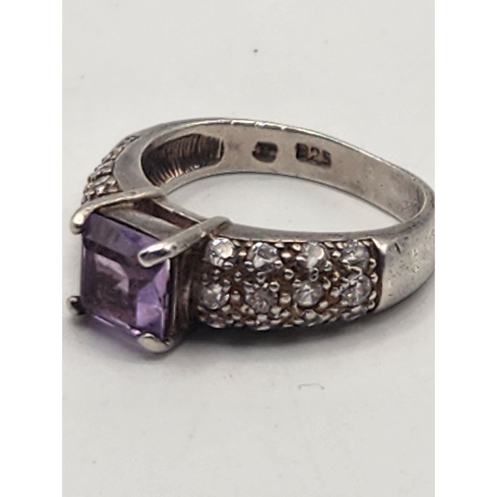 JC 925 Sterling Silver Princess Cut Amethyst Pave Cubic Zirconia Ring Size 6.5 - Picture 4 of 7